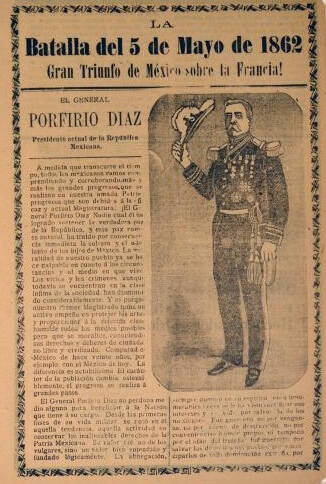 Newsprint on yellowed paper with the title "Batalla del 5 de Mayo de 1862" with the image of a man in uniform.